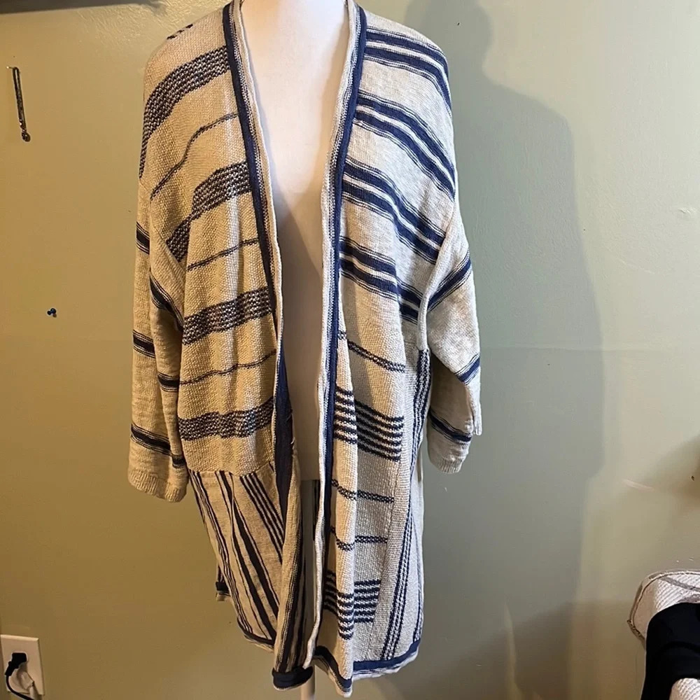 Pure Jill cotton striped blue white open front longline cardigan size medium